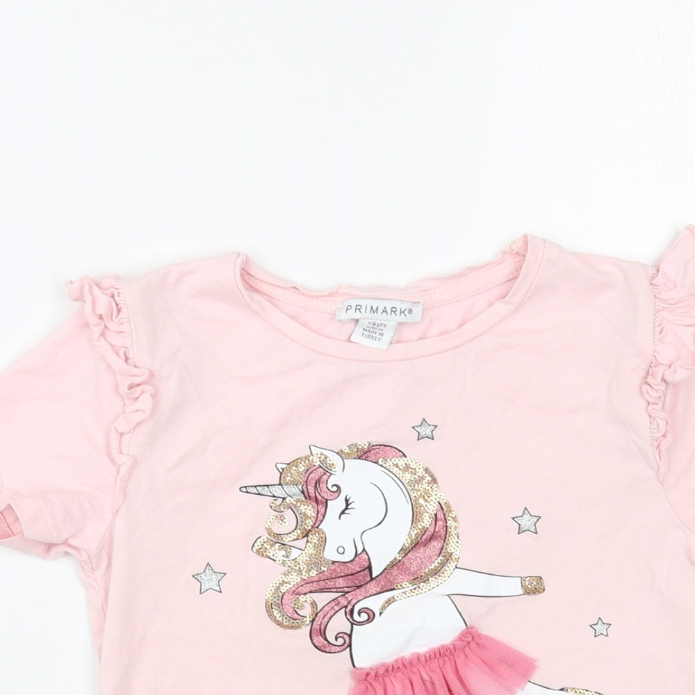 Primark Girls Pink Cotton Pullover T-Shirt Size 7-8 Years Crew Neck Pullover - Unicorn