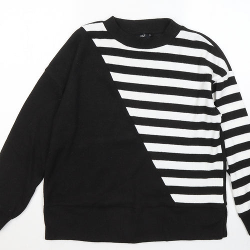 F&F Womens Black Round Neck Striped Polyester Pullover Jumper Size S