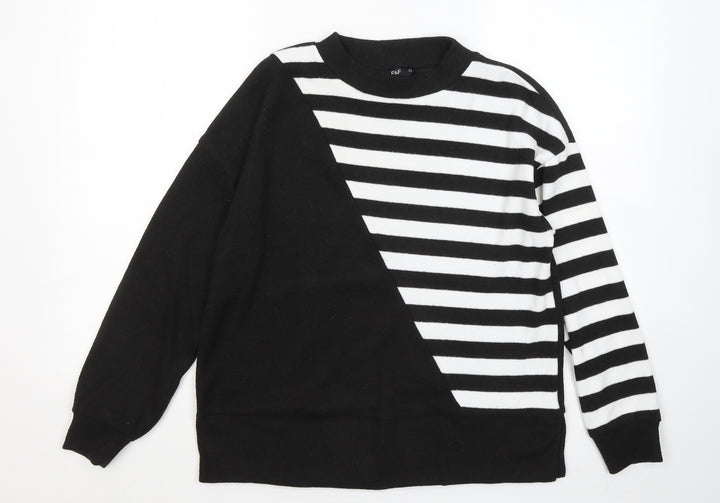 F&F Womens Black Round Neck Striped Polyester Pullover Jumper Size S