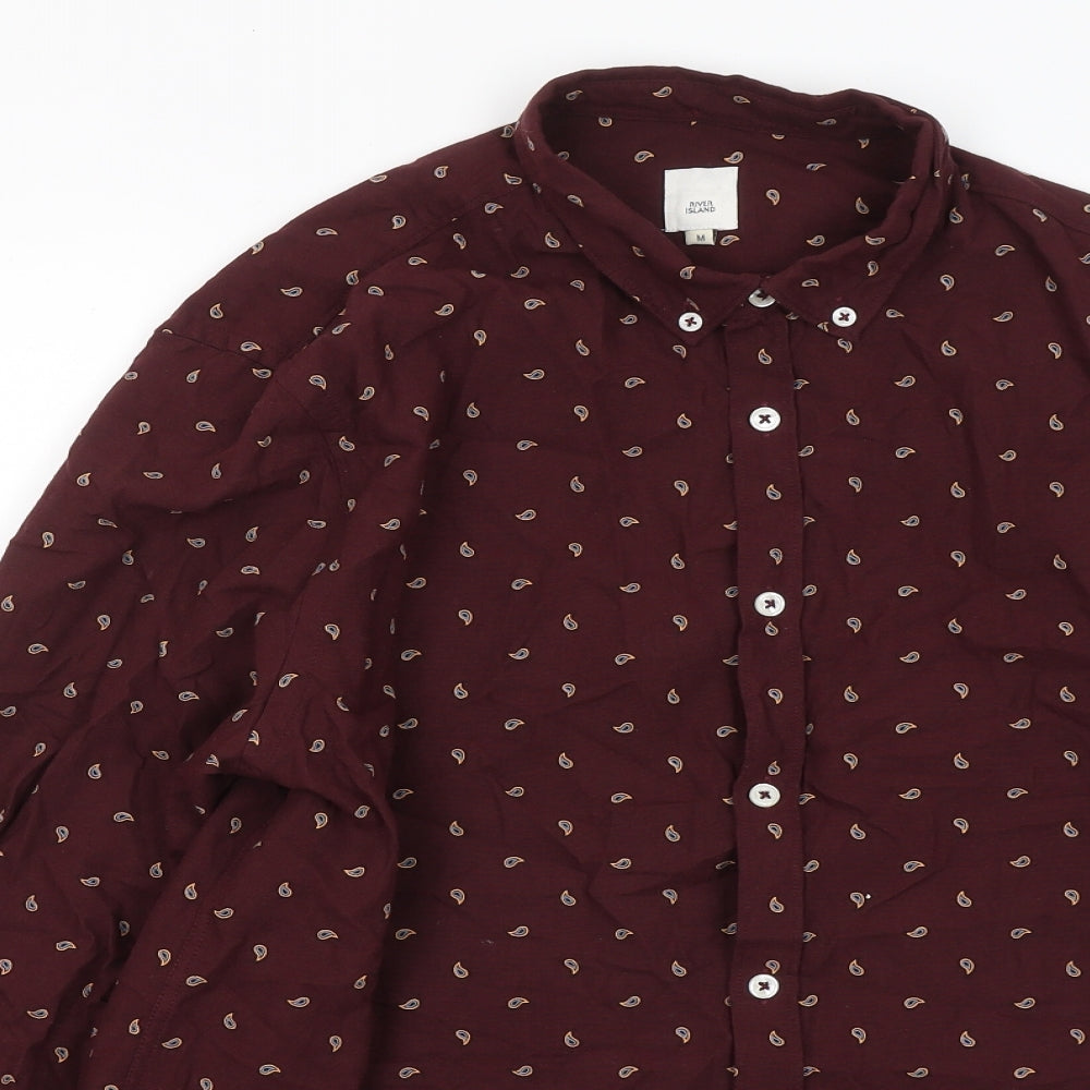 River Island Mens Red Geometric Cotton Button-Up Size M Collared