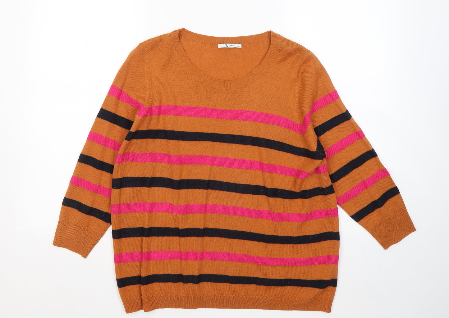 TU Womens Orange Round Neck Striped Acrylic Pullover Jumper Size 16