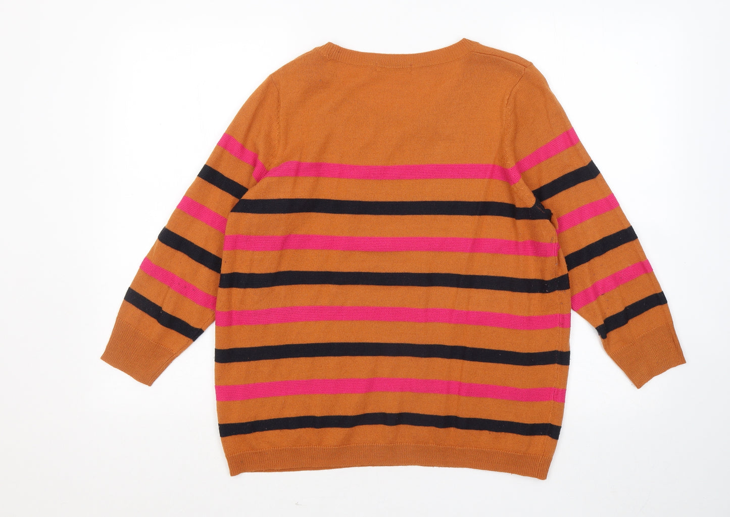TU Womens Orange Round Neck Striped Acrylic Pullover Jumper Size 16
