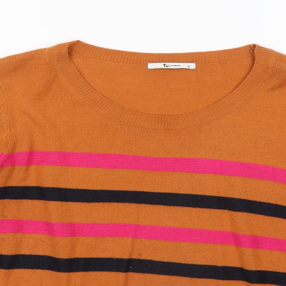 TU Womens Orange Round Neck Striped Acrylic Pullover Jumper Size 16