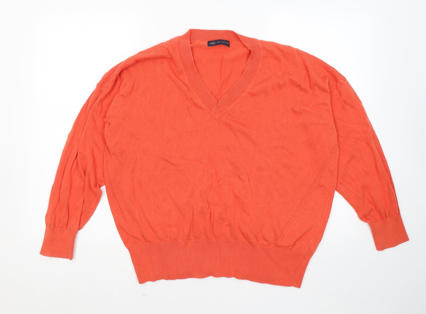 Marks and Spencer Womens Orange V-Neck Cotton Pullover Jumper Size L