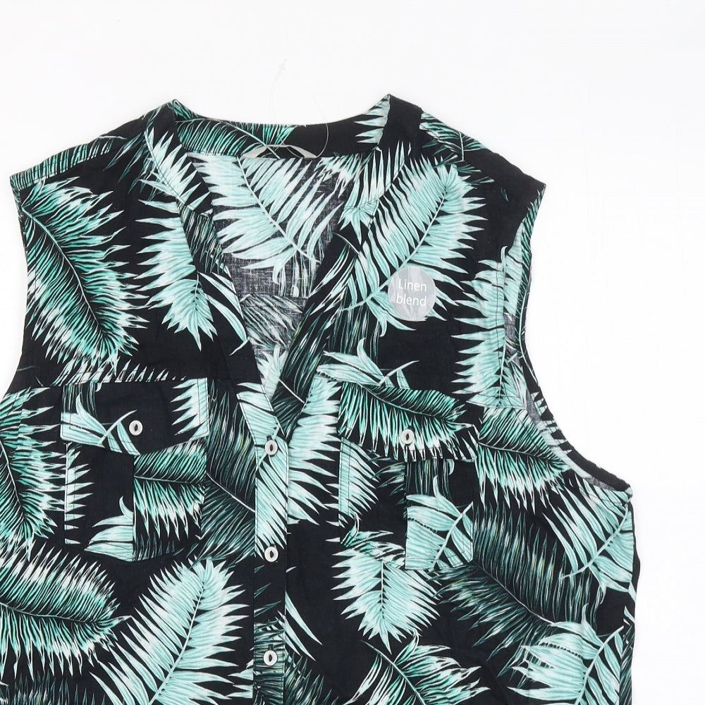 George Womens Green Geometric Linen Basic Tank Size 16 Round Neck