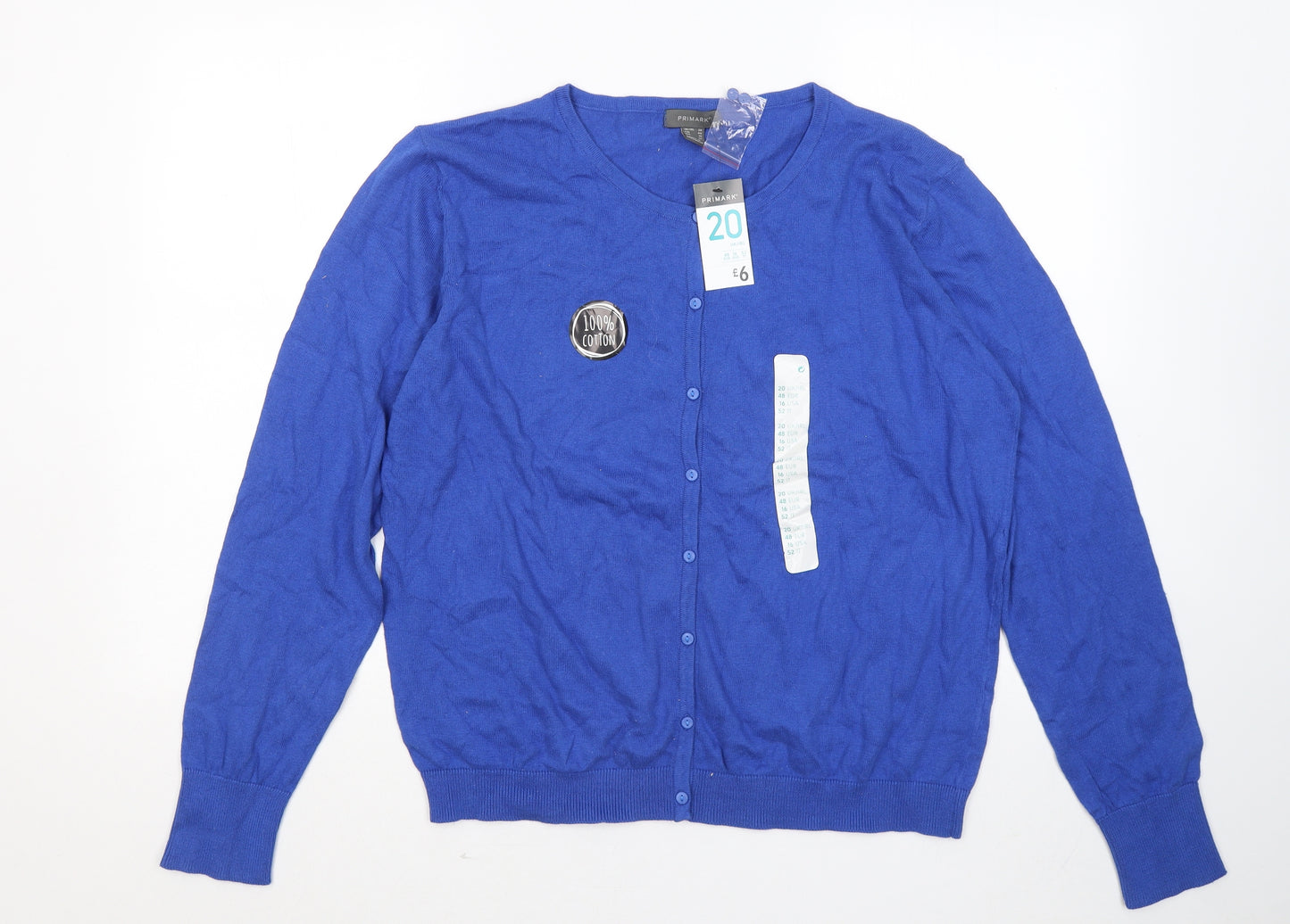 Primark Womens Blue Round Neck Cotton Cardigan Jumper Size 20
