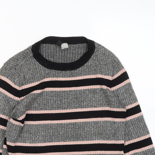Divided by H&M Womens Grey Round Neck Striped Viscose Pullover Jumper Size M