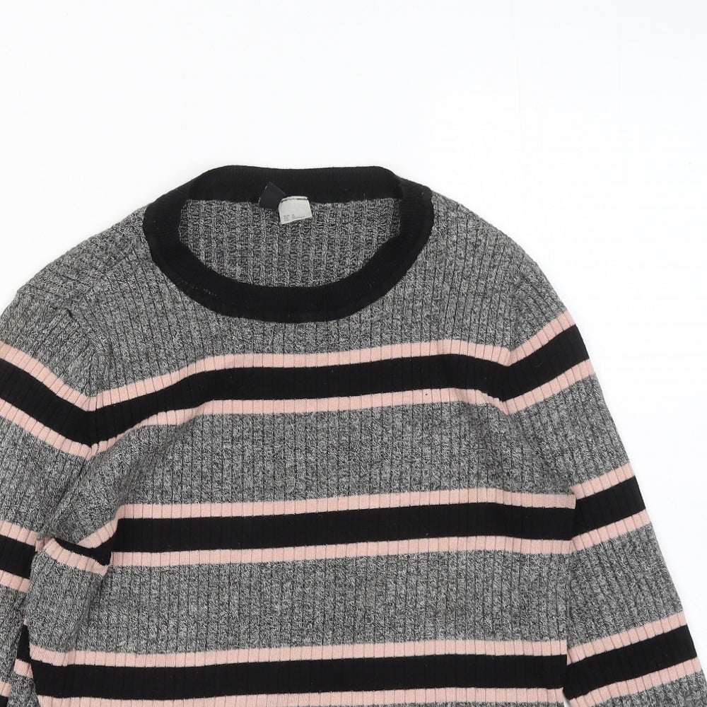 Divided by H&M Womens Grey Round Neck Striped Viscose Pullover Jumper Size M