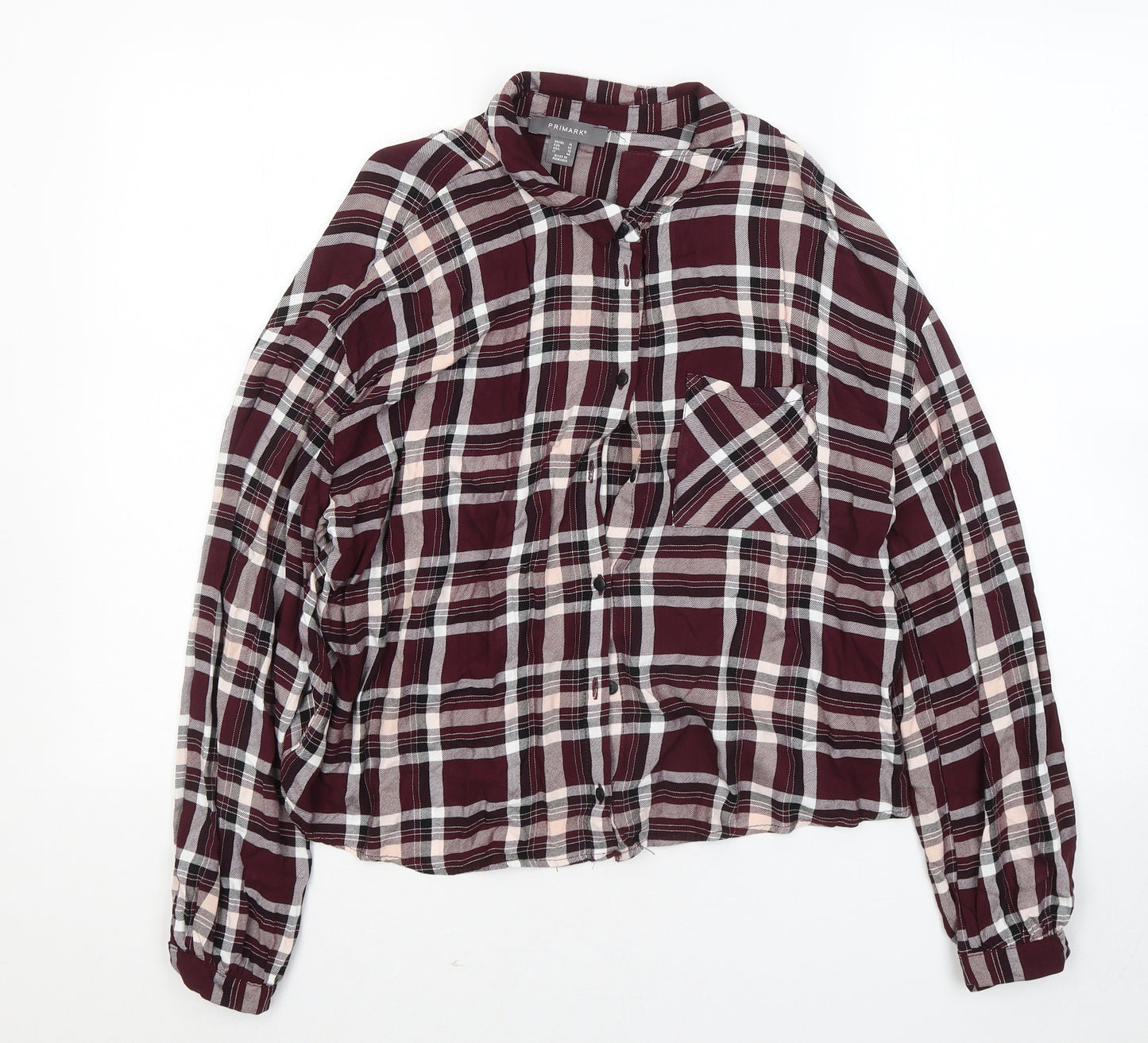 Primark Womens Purple Plaid Viscose Basic Button-Up Size 14 Collared