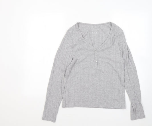 Front view of Primark women’s grey v-neck polyester jumper, size UK 10