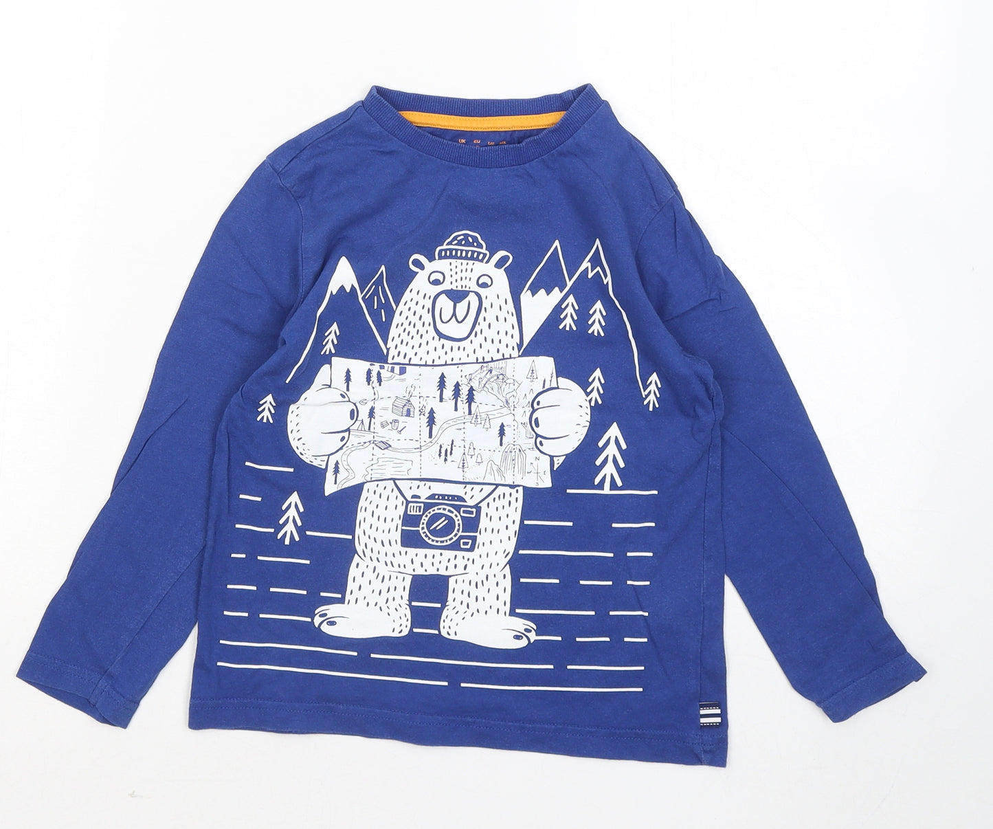 F&F Boys Blue Cotton Basic T-Shirt Size 5-6 Years Round Neck - Bear Map Woods