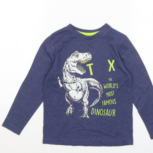 Dunnes Stores Boys Blue Cotton Basic T-Shirt Size 5 Years Round Neck - T Rex Dinasour Graphic