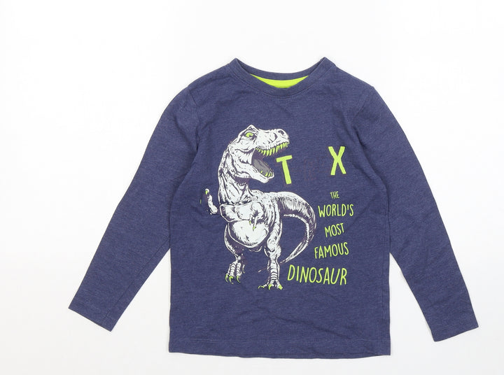 Dunnes Stores Boys Blue Cotton Basic T-Shirt Size 5 Years Round Neck - T Rex Dinasour Graphic