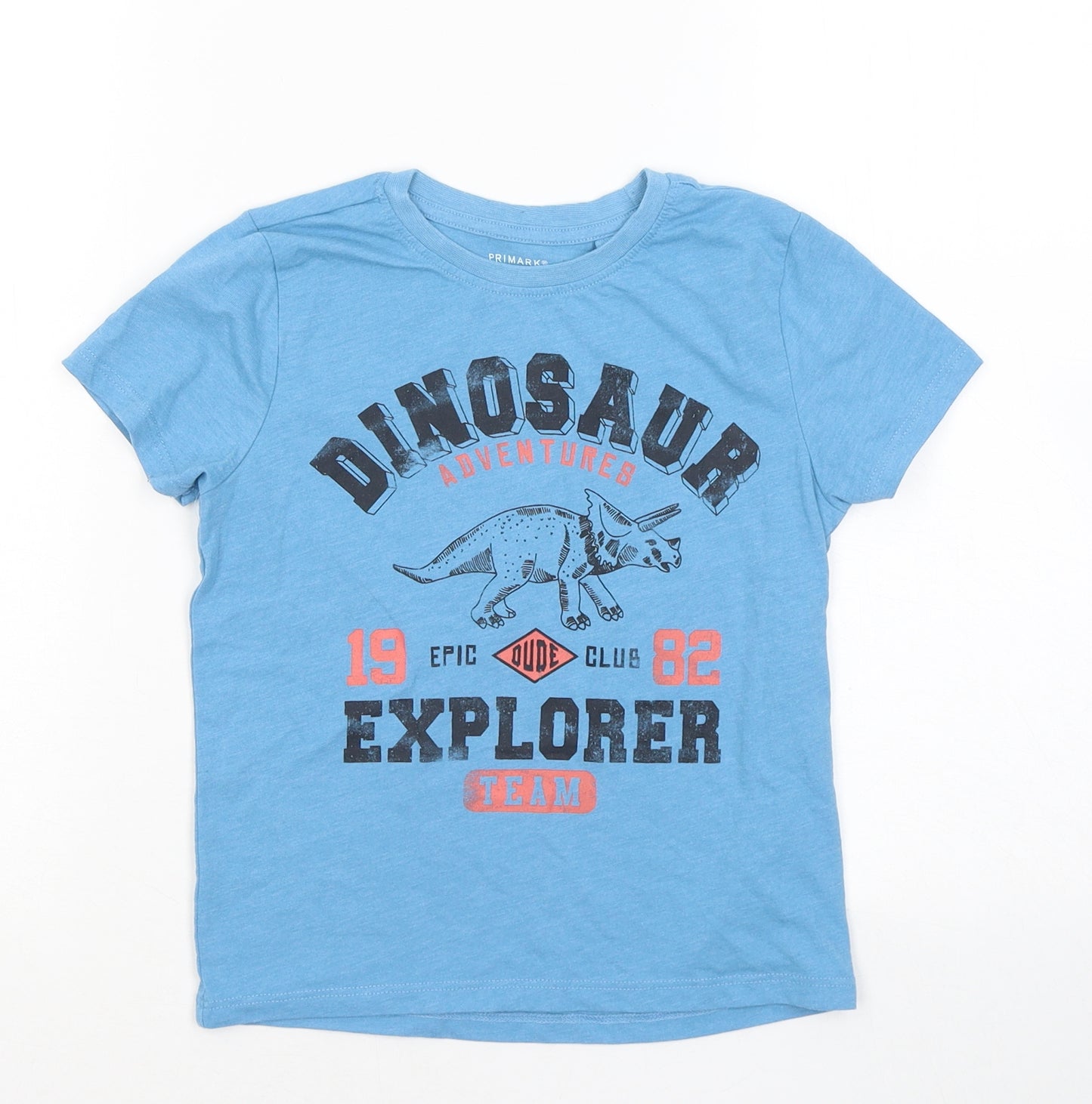 Primark Boys Blue Cotton Basic T-Shirt Size 5-6 Years Round Neck - Dinosaur Adventure Explorer 1982