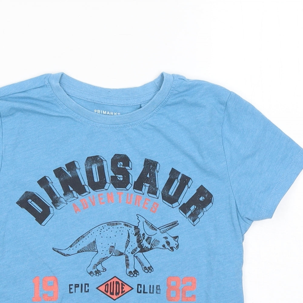 Primark Boys Blue Cotton Basic T-Shirt Size 5-6 Years Round Neck - Dinosaur Adventure Explorer 1982