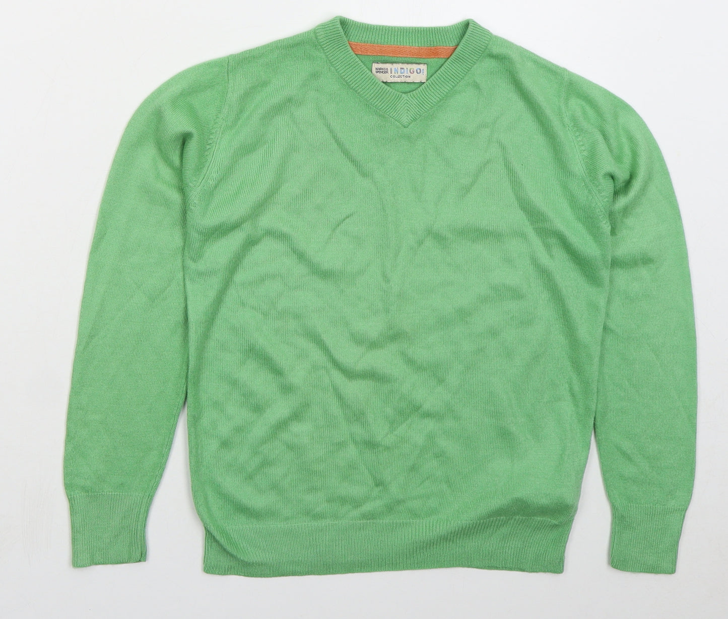 Marks and Spencer Boys Green V-Neck Acrylic Pullover Jumper Size 7-8 Years Pullover