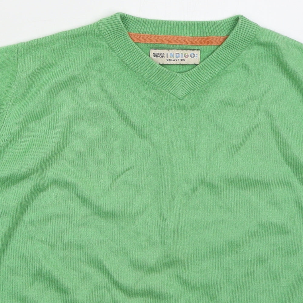 Marks and Spencer Boys Green V-Neck Acrylic Pullover Jumper Size 7-8 Years Pullover