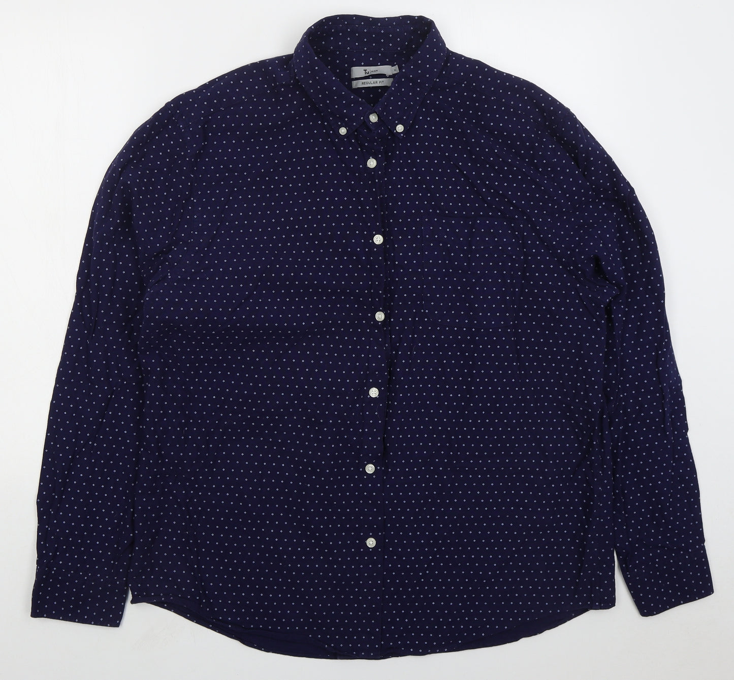 TU Mens Blue Geometric Cotton Button-Up Size XL Collared Button