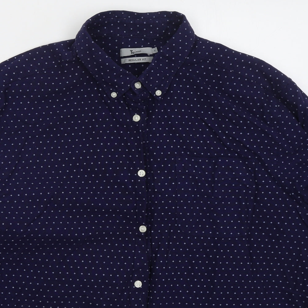 TU Mens Blue Geometric Cotton Button-Up Size XL Collared Button