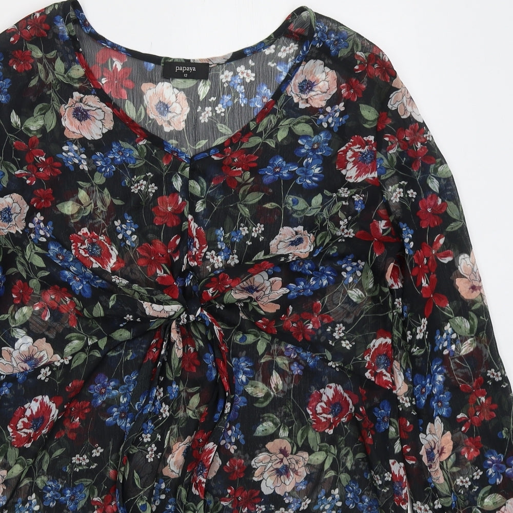 Papaya Womens Black Floral Polyester Basic Blouse Size 12 V-Neck