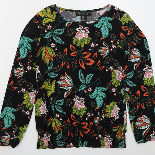 Rachel Zoe Womens Black Floral Polyester Basic T-Shirt Size XS Boat Neck