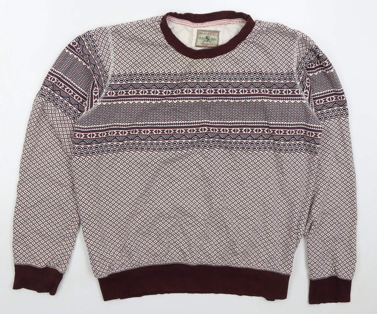Brave Soul Mens Red Geometric Cotton Pullover Sweatshirt Size L