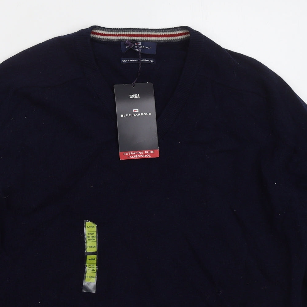 Blue Harbour Mens Blue V-Neck Wool Pullover Jumper Size L