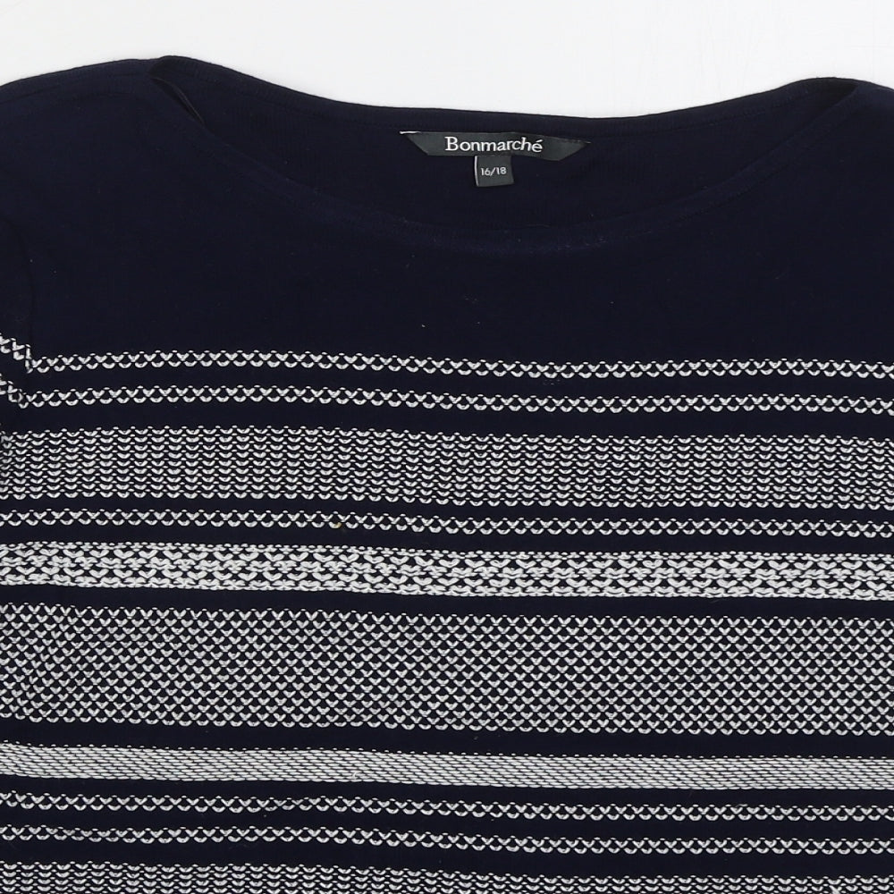 Bonmarché Womens Blue Boat Neck Geometric Cotton Pullover Jumper Size 16