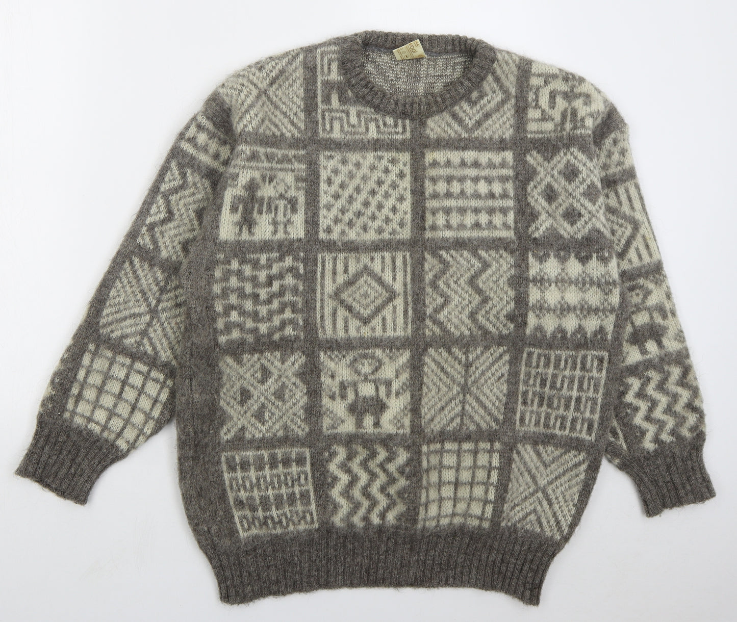 Alifoss Icewool Mens Beige Crew Neck Geometric Wool Pullover Jumper Size XL