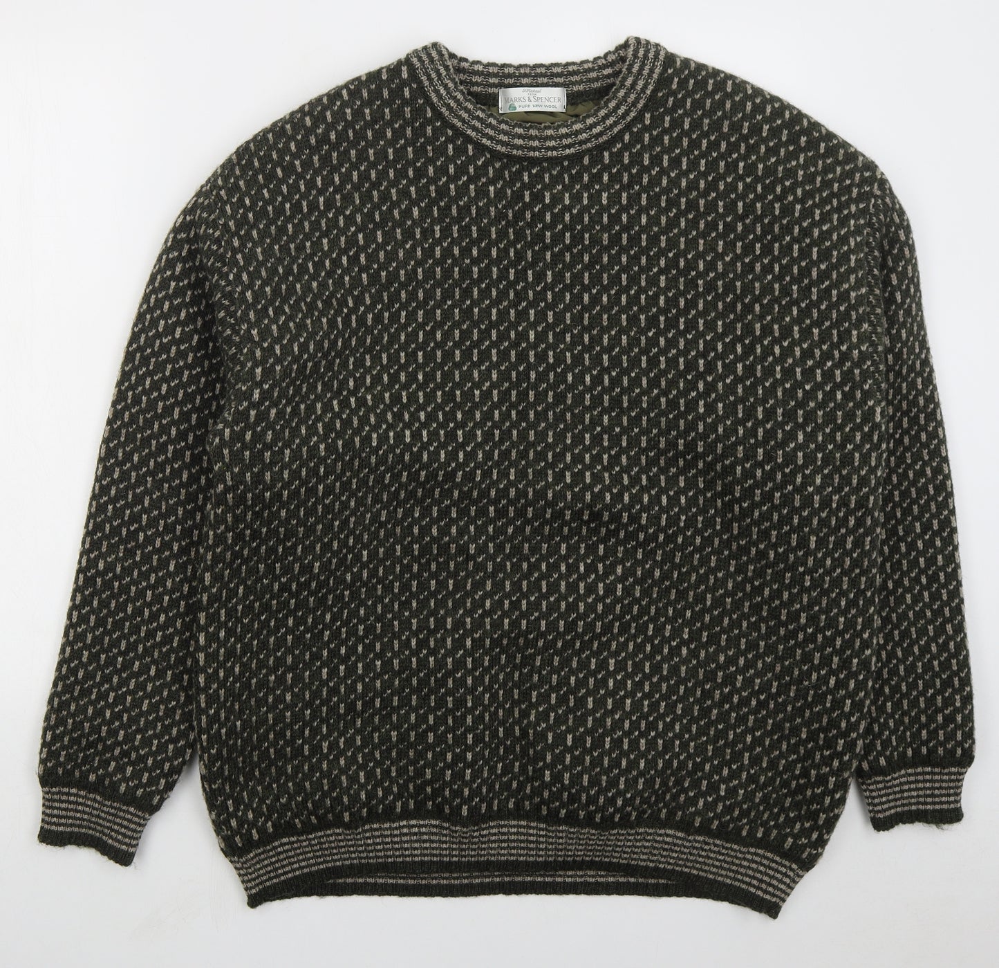 Marks and Spencer Mens Green Crew Neck Geometric Wool Pullover Jumper Size L