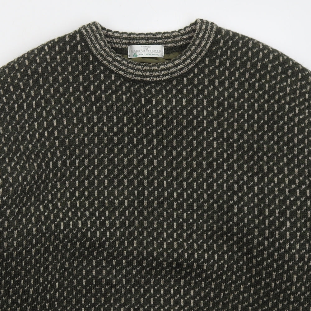 Marks and Spencer Mens Green Crew Neck Geometric Wool Pullover Jumper Size L