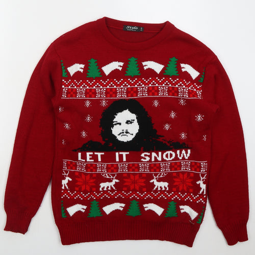 Stylo Mens Red Crew Neck Acrylic Pullover Jumper Size S - Let It Snow