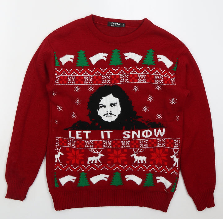 Stylo Mens Red Crew Neck Acrylic Pullover Jumper Size S - Let It Snow