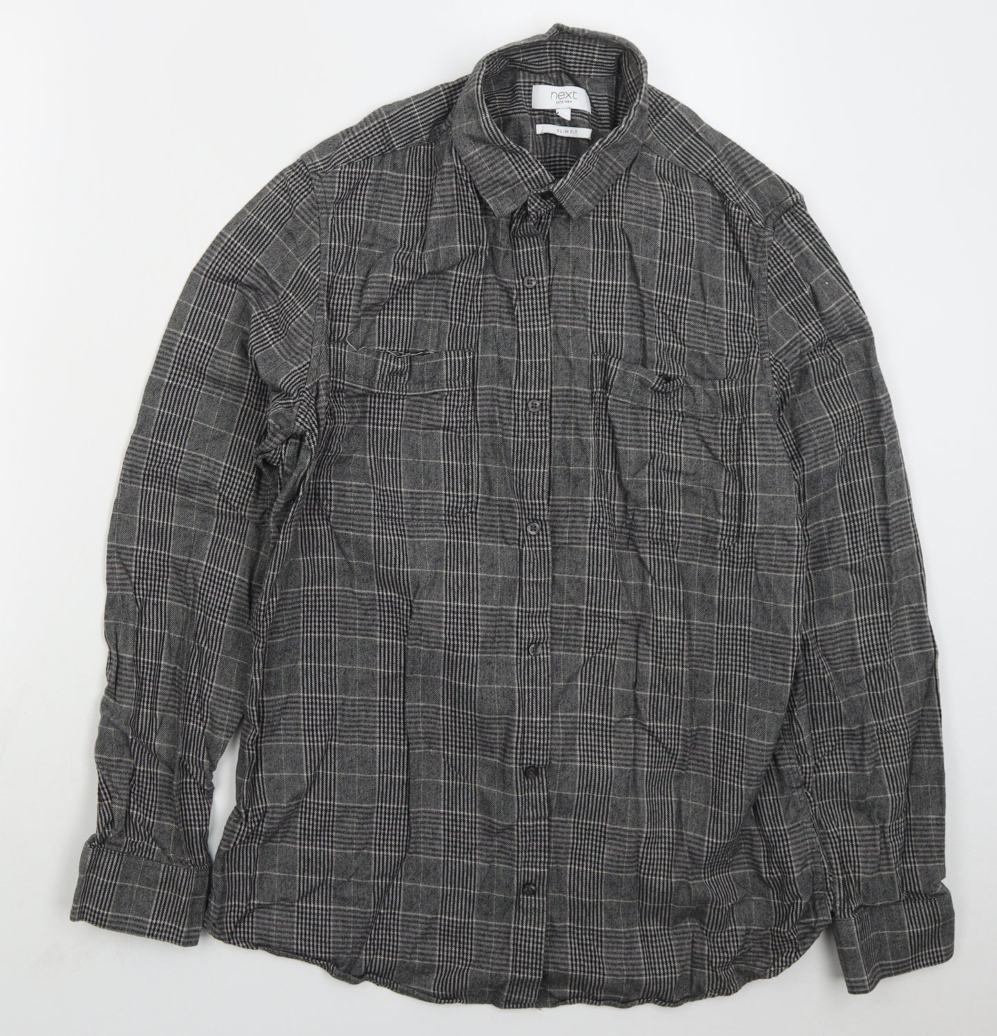NEXT Mens Grey Check Cotton Button-Up Size L Collared Button