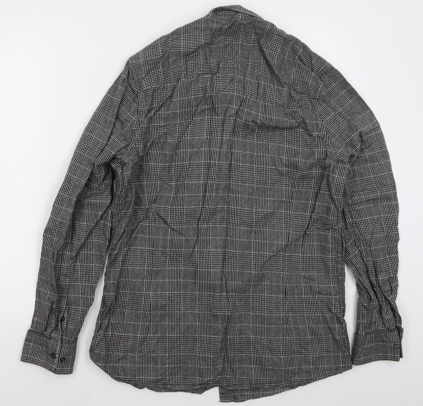 NEXT Mens Grey Check Cotton Button-Up Size L Collared Button