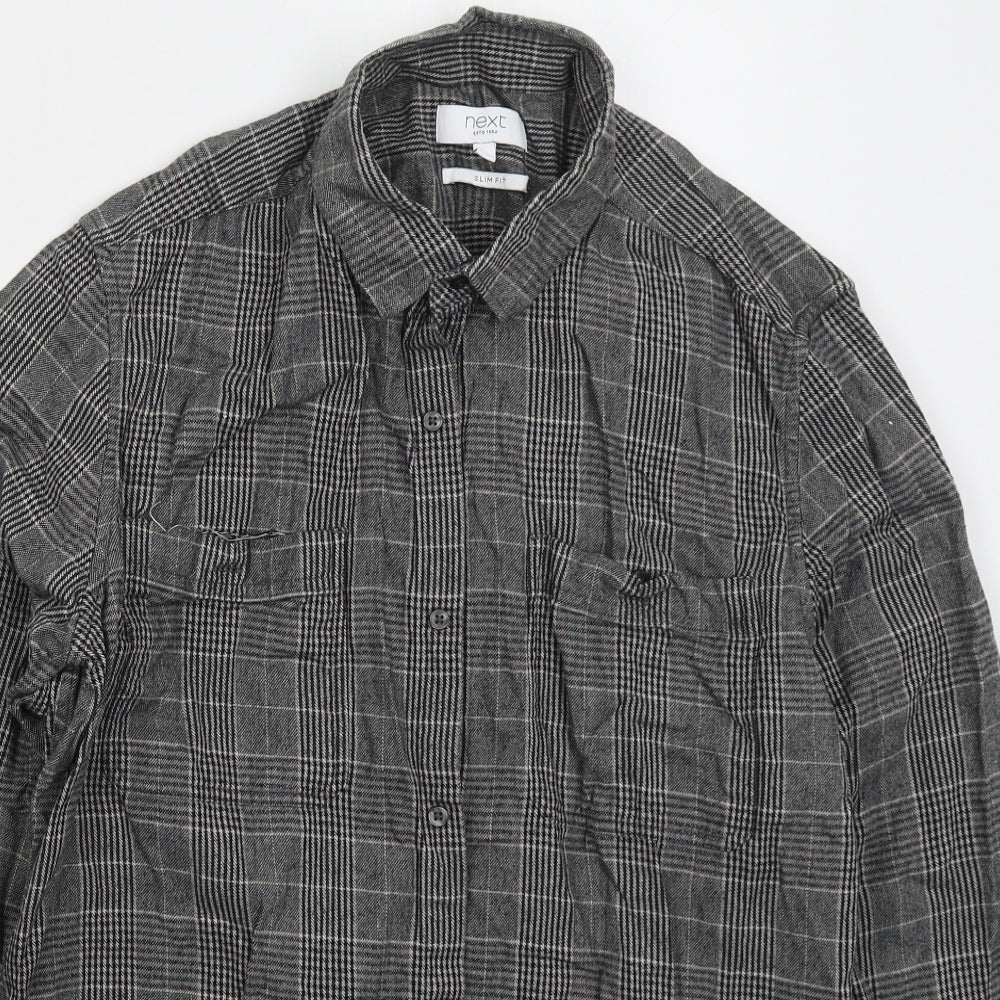 NEXT Mens Grey Check Cotton Button-Up Size L Collared Button