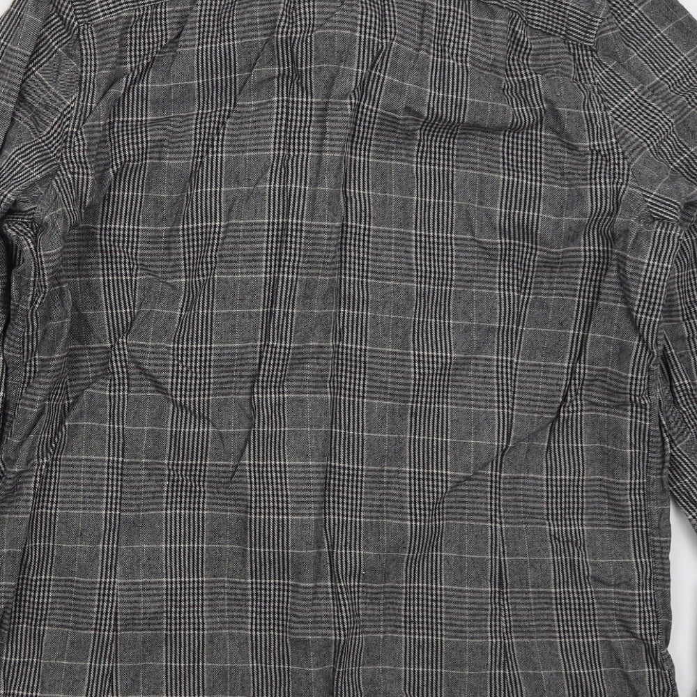 NEXT Mens Grey Check Cotton Button-Up Size L Collared Button