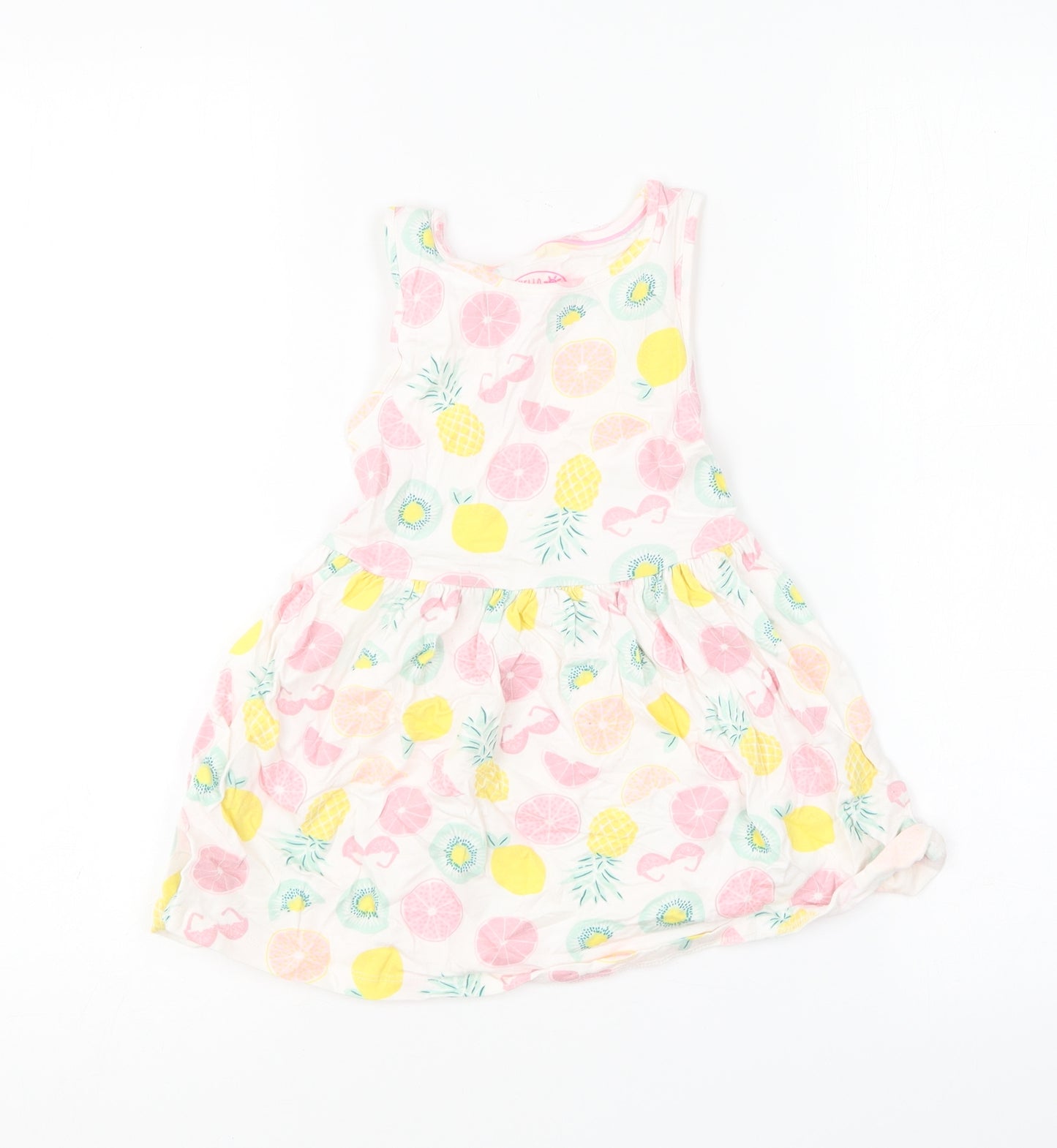 F&F Girls Multicoloured Geometric Cotton Skater Dress Size 3-4 Years Round Neck - Fruit Prints