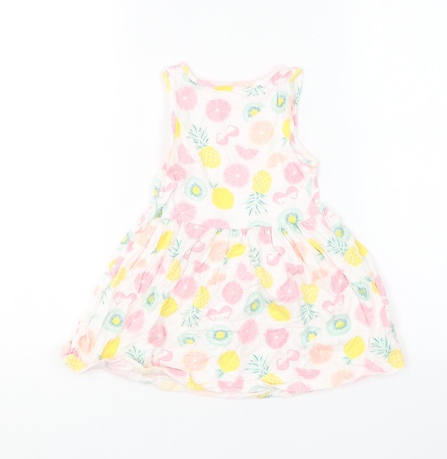 F&F Girls Multicoloured Geometric Cotton Skater Dress Size 3-4 Years Round Neck - Fruit Prints