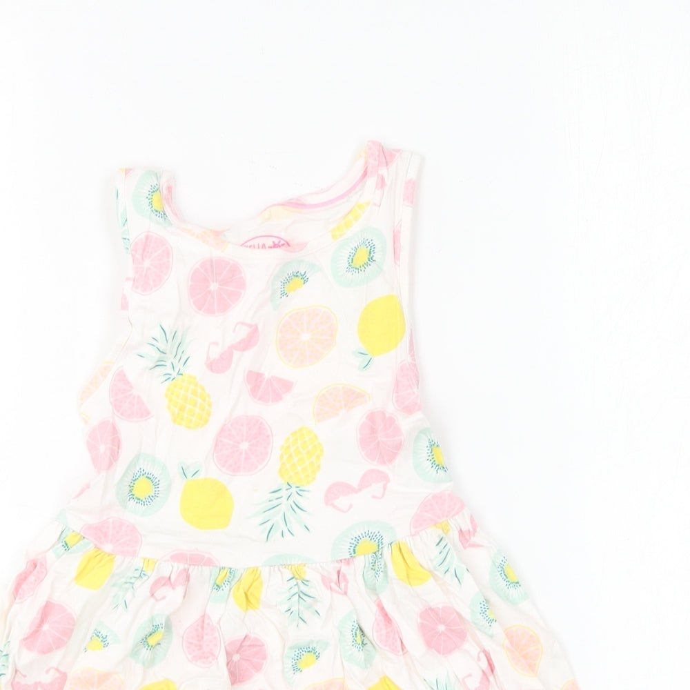 F&F Girls Multicoloured Geometric Cotton Skater Dress Size 3-4 Years Round Neck - Fruit Prints
