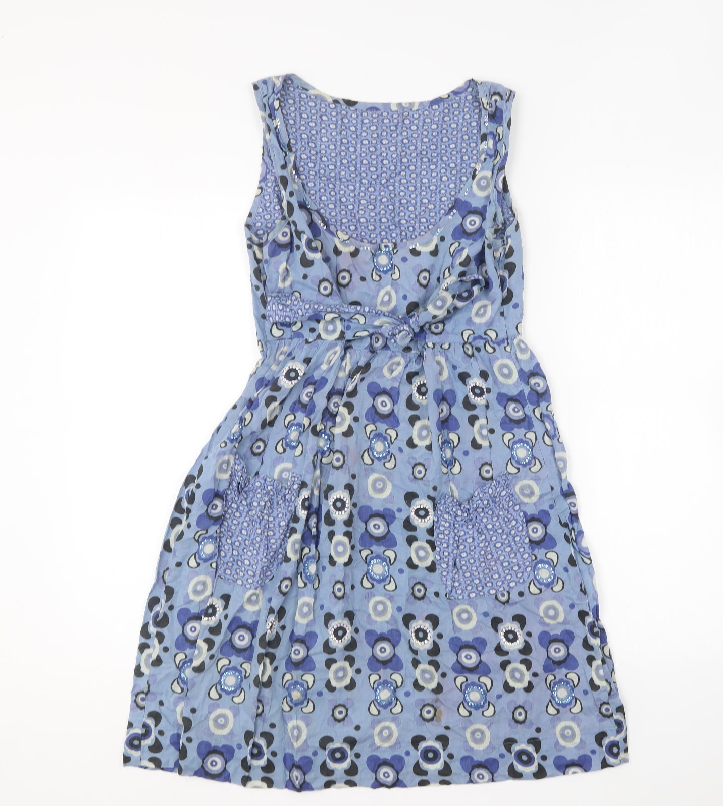 Preworn Womens Blue Geometric Cotton Skater Dress Size 10 V-Neck