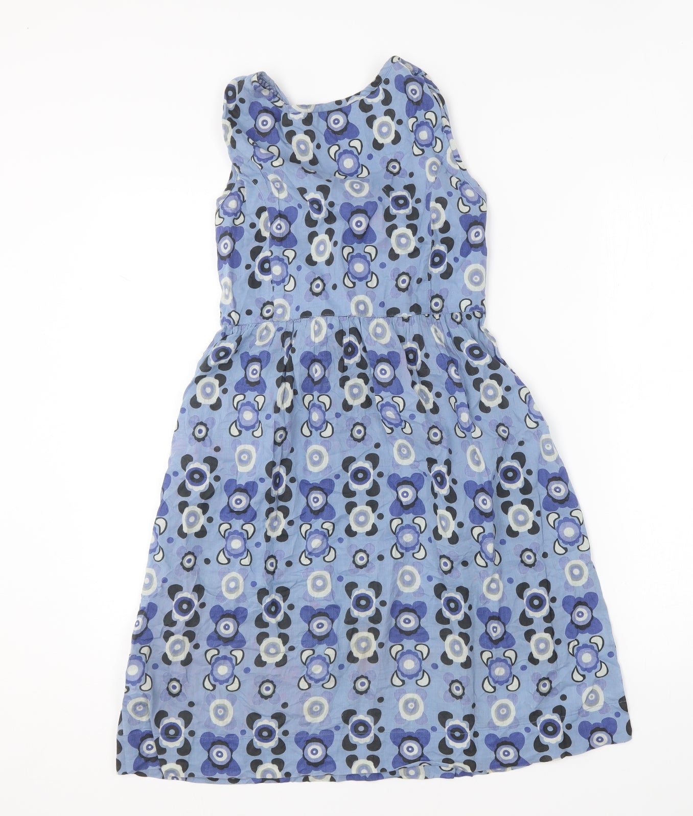 Preworn Womens Blue Geometric Cotton Skater Dress Size 10 V-Neck