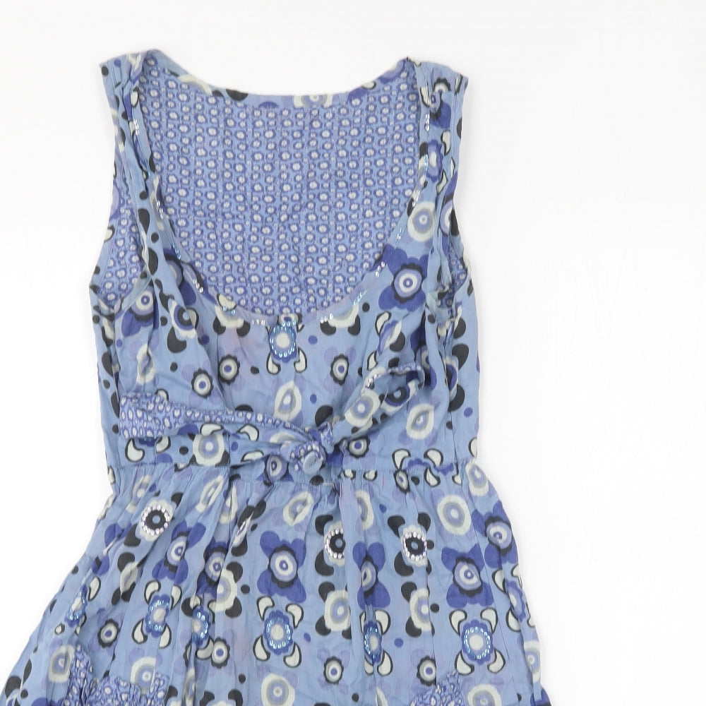 Preworn Womens Blue Geometric Cotton Skater Dress Size 10 V-Neck