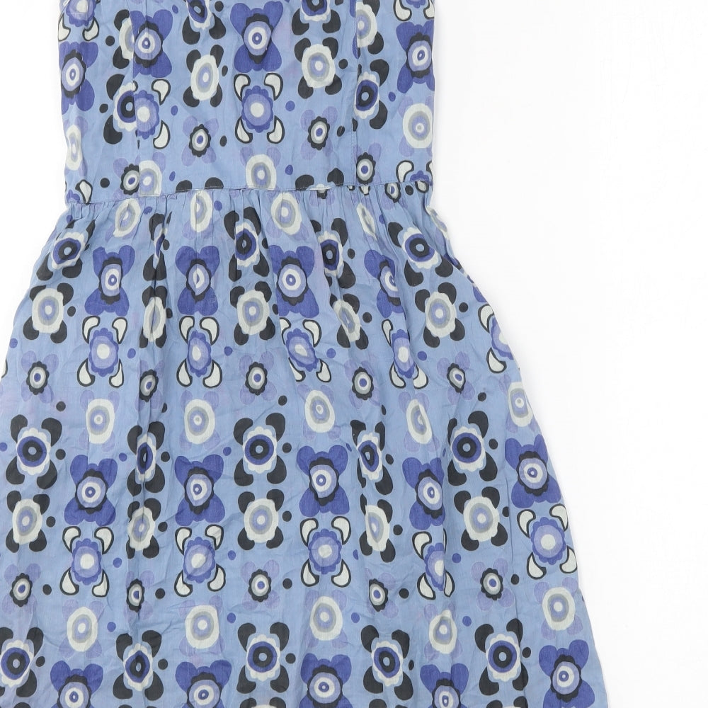 Preworn Womens Blue Geometric Cotton Skater Dress Size 10 V-Neck