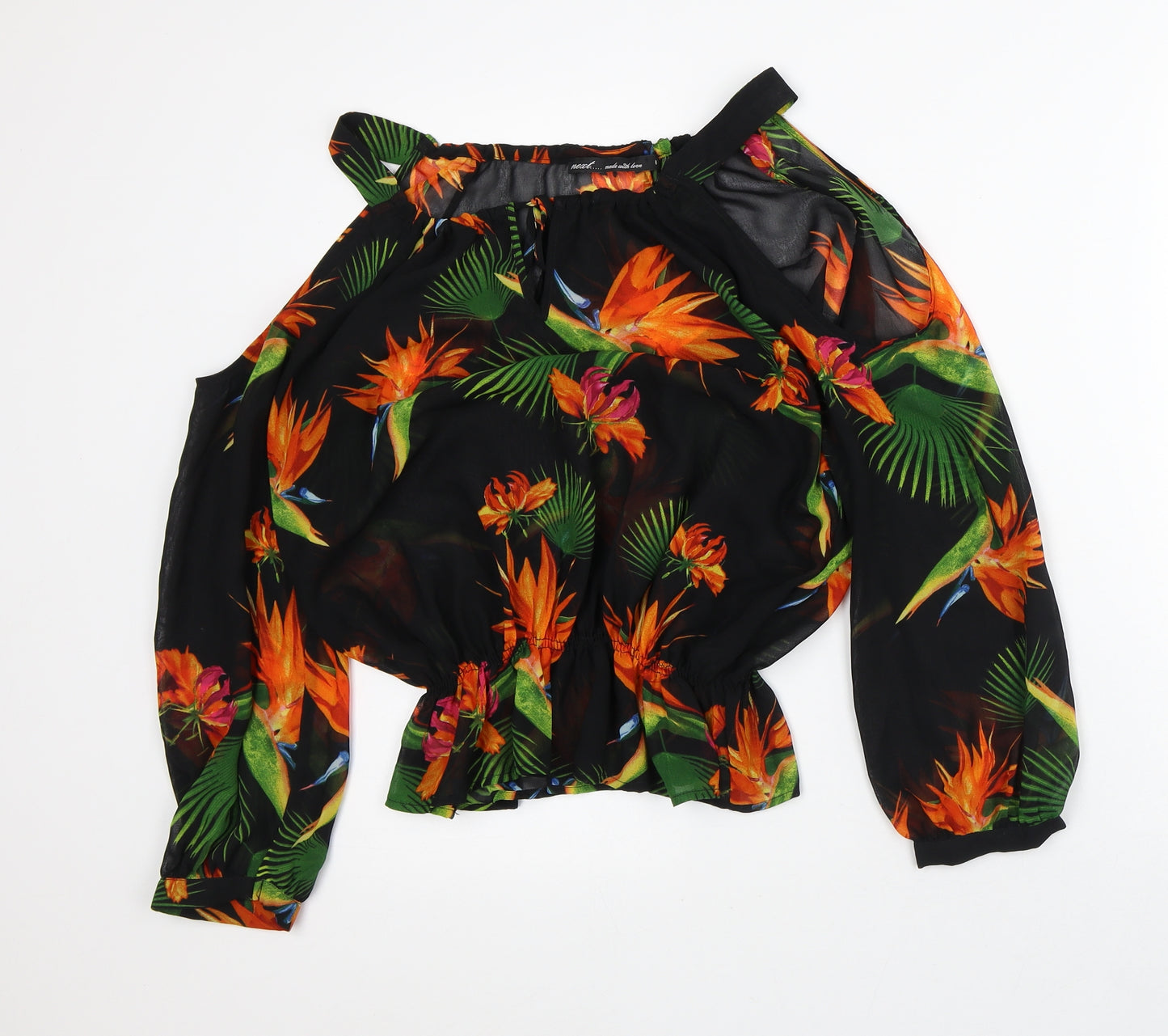 NEXT Womens Black Floral Polyester Tunic Blouse Size 8 Round Neck - Cold Shoulder
