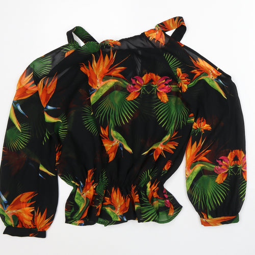 NEXT Womens Black Floral Polyester Tunic Blouse Size 8 Round Neck - Cold Shoulder
