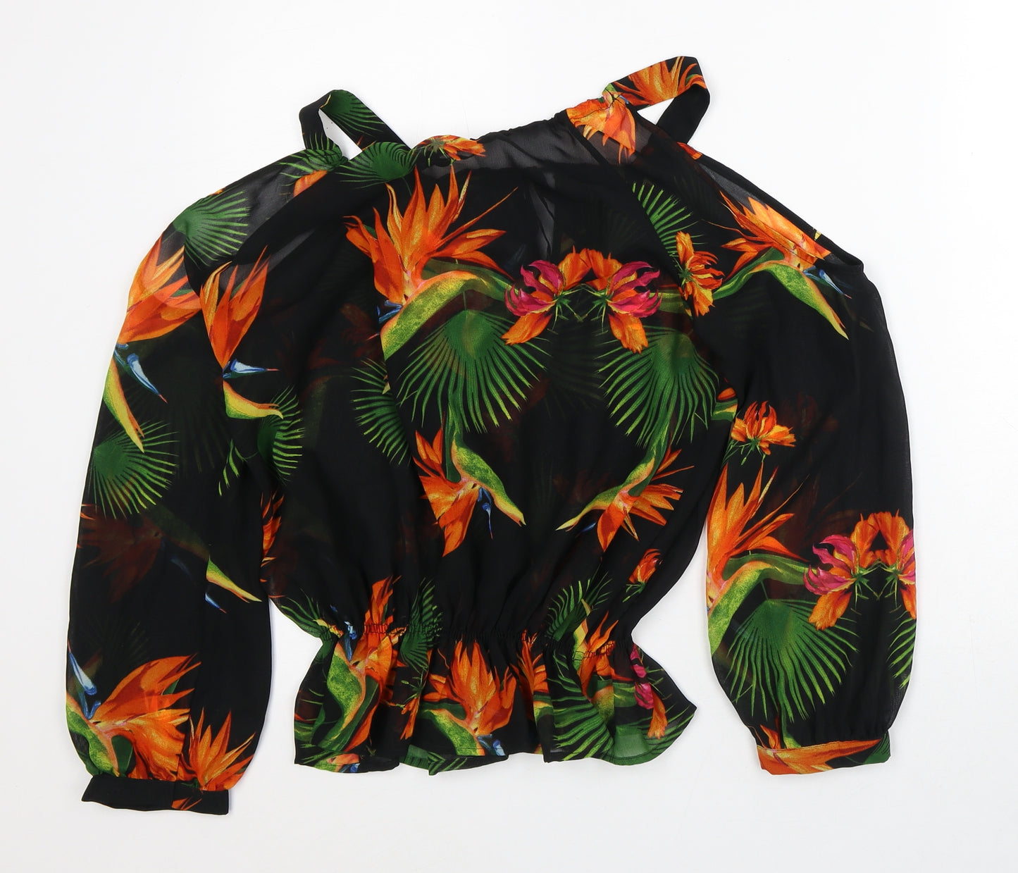 NEXT Womens Black Floral Polyester Tunic Blouse Size 8 Round Neck - Cold Shoulder