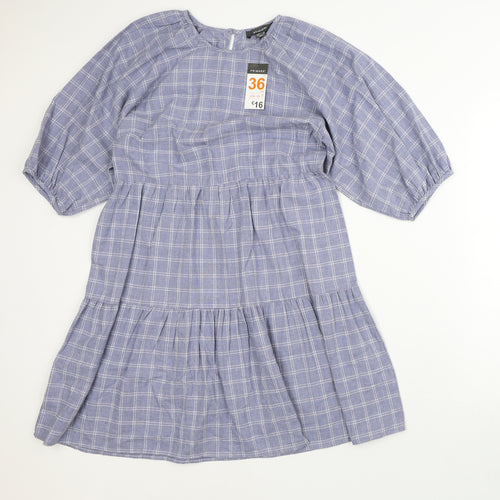 Primark Womens Blue Plaid 100% Cotton A-Line Size 8 Scoop Neck