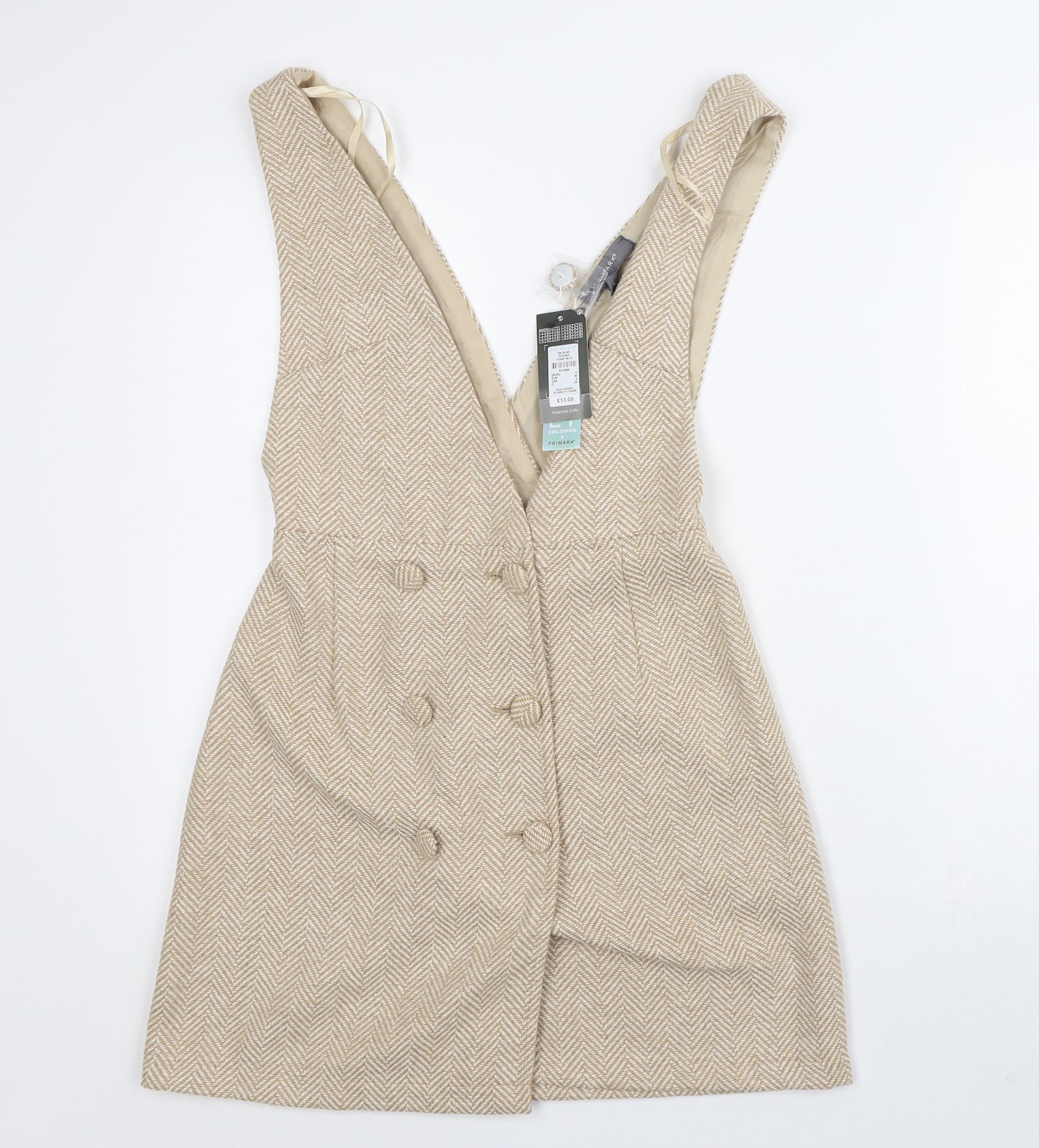 Primark Womens Beige Herringbone Polyester A-Line Size 6 V-Neck