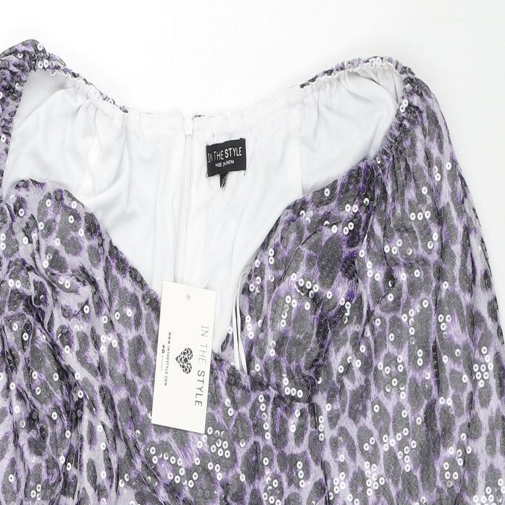 In the Style Womens Purple Geometric Polyester Pencil Dress Size 8 Off the Shoulder